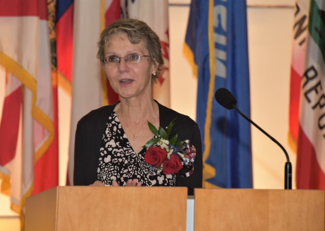 Linda Foltz speaks during her retirement ceremony on Sept. 30 at Fort Detrick, Maryland. Foltz retired after 46 years working as a civilian in various roles at the U.S. Army Medical Materiel Agency. She was the agency’s longest-tenured civilian employee.
