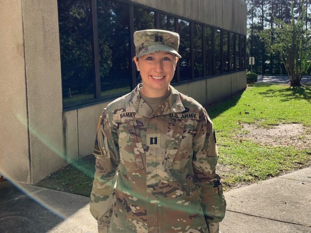 U.S. Army Reserve Capt. Elizabeth Mamay, company commander, 375th Field Feeding Company (FFC), stands in front of the Army Reserve Center in Wilson, N.C., where the 375th FFC will activate Oct. 16, 2020. (U.S. Army photo by Sgt. 1st Class Mary Taylor)