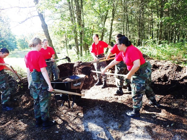 Wisconsin Challenge Academy cadets help with a trail project Sept. 9, 2020, at an area at Fort McCoy, Wis. The Challenge Academy, a Fort McCoy tenant organization, offers youth the opportunity to change the direction of their lives and develop the strength of character and life skills necessary to become successful, responsible citizens. The program begins with a 5 1/2-month residential phase, followed by a one-year, post-residential phase. (Photo courtesy of the Wisconsin Challenge Academy staff.)