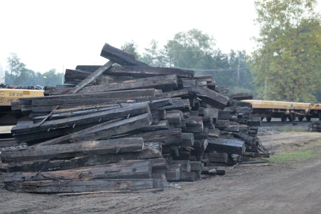 Railroad ties that once were part of the post rail system that are being recycled are shown Sept. 24, 2020, at Fort McCoy, Wis. Vendor Volkmann Railroad Builders Inc. of Menomonee Falls, Wis., is recycling approximately 400 tons of scrap iron...