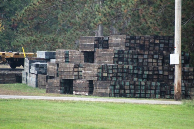 Railroad ties that once were part of the post rail system that are being recycled are shown Sept. 24, 2020, at Fort McCoy, Wis. Vendor Volkmann Railroad Builders Inc. of Menomonee Falls, Wis., is recycling approximately 400 tons of scrap iron...