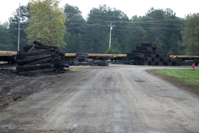 Railroad ties that once were part of the post rail system that are being recycled are shown Sept. 24, 2020, at Fort McCoy, Wis. Vendor Volkmann Railroad Builders Inc. of Menomonee Falls, Wis., is recycling approximately 400 tons of scrap iron...