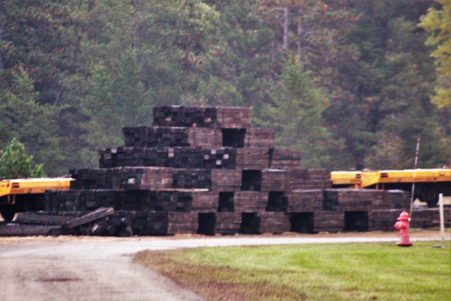 Railroad ties that once were part of the post rail system that are being recycled are shown Sept. 24, 2020, at Fort McCoy, Wis. Vendor Volkmann Railroad Builders Inc. of Menomonee Falls, Wis., is recycling approximately 400 tons of scrap iron...