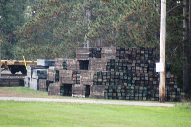 Railroad ties that once were part of the post rail system that are being recycled are shown Sept. 24, 2020, at Fort McCoy, Wis. Vendor Volkmann Railroad Builders Inc. of Menomonee Falls, Wis., is recycling approximately 400 tons of scrap iron...