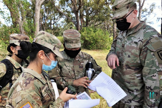 More than 60 Active and Reserve component Soldiers assigned to Headquarters and Headquarter Company, 311th Signal Command (Theater) conducted a land navigation refresher-training course at the Army’s East Range on Oahu, Oct. 3-4, 2020. The daylong event, which began at 8 a.m., was part of an annual training requirement for active duty soldiers and a bi-annual training requirement for Army Reserve Soldiers. The training requirement was mandatory for enlisted ranks of grades E-7 and below and officers of grades O-2 and below. (Official U.S. Army photo by Marc Ayalin)