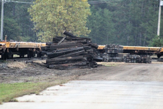 Railroad ties that once were part of the post rail system that are being recycled are shown Sept. 24, 2020, at Fort McCoy, Wis. Vendor Volkmann Railroad Builders Inc. of Menomonee Falls, Wis., is recycling approximately 400 tons of scrap iron...