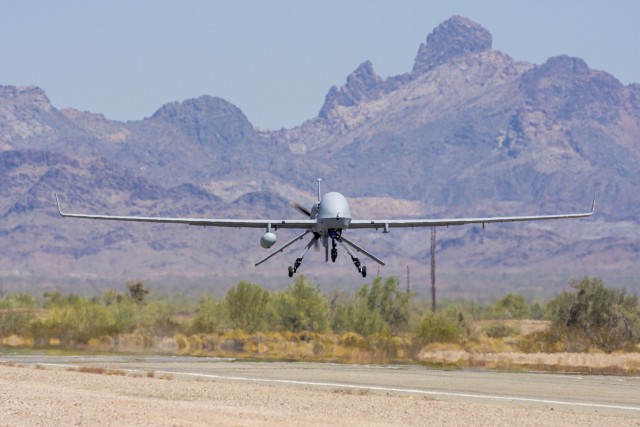 An Extended Range / Multipurpose (ER/MP) Unmanned Aircraft System (UAS), returns from functional testing during Project Convergence 20, at Yuma Proving Ground, Arizona, September 15, 2020. The ER/MP AUS autonomous weapons systems have the capacity to carry multiple payloads while delivering precise attacks against eneny forces, potentially preventing the necessity of ground force prescence. (U.S. Army photo by Spc. Jovian Siders, 92nd Combat Camera Company.)
