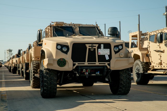 Troopers with 3rd Armored Brigade Combat Team (3ABCT), 1st Cavalry Division, receive the new Joint Light Tactical Vehicles (JLTV) at the rail operations center, Fort Hood, Texas, Oct. 02, 2020. The JLTV is set to partly replace a portion of within 3ABCT. With modernization comes significant enhancements such as a bigger payload, better occupant survivability, and even an all-terrain suspension system. (U.S. Army photo taken by Sgt. Calab Franklin)