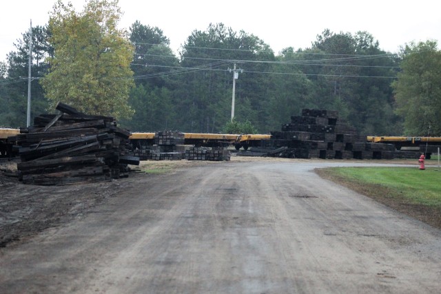 Railroad ties that once were part of the post rail system that are being recycled are shown Sept. 24, 2020, at Fort McCoy, Wis. Vendor Volkmann Railroad Builders Inc. of Menomonee Falls, Wis., is recycling approximately 400 tons of scrap iron...