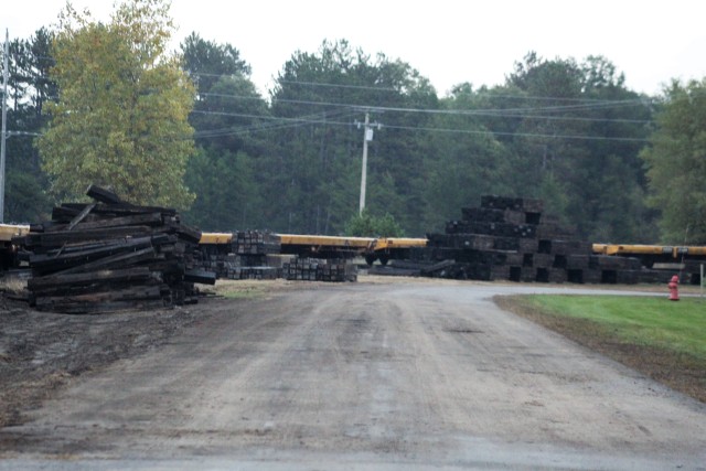 Railroad ties that once were part of the post rail system that are being recycled are shown Sept. 24, 2020, at Fort McCoy, Wis. Vendor Volkmann Railroad Builders Inc. of Menomonee Falls, Wis., is recycling approximately 400 tons of scrap iron...