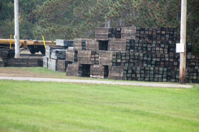 Railroad ties that once were part of the post rail system that are being recycled are shown Sept. 24, 2020, at Fort McCoy, Wis. Vendor Volkmann Railroad Builders Inc. of Menomonee Falls, Wis., is recycling approximately 400 tons of scrap iron...