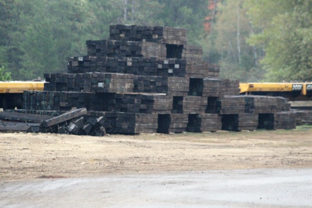 Railroad ties that once were part of the post rail system that are being recycled are shown Sept. 24, 2020, at Fort McCoy, Wis. Vendor Volkmann Railroad Builders Inc. of Menomonee Falls, Wis., is recycling approximately 400 tons of scrap iron...