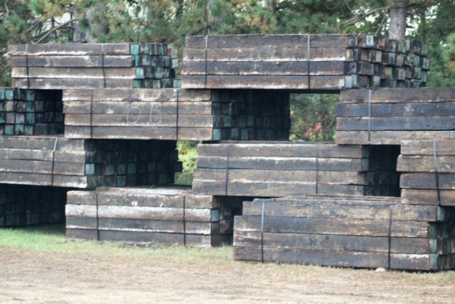 Railroad ties that once were part of the post rail system that are being recycled are shown Sept. 24, 2020, at Fort McCoy, Wis. Vendor Volkmann Railroad Builders Inc. of Menomonee Falls, Wis., is recycling approximately 400 tons of scrap iron...