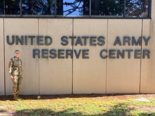 U.S. Army Reserve Capt. Elizabeth Mamay, company commander, 375th Field Feeding Company (FFC), stands in front of the Army Reserve Center in Wilson, N.C., where the 375th FFC will activate Oct. 16, 2020. (U.S. Army photo by Sgt. 1st Class Mary Taylor)