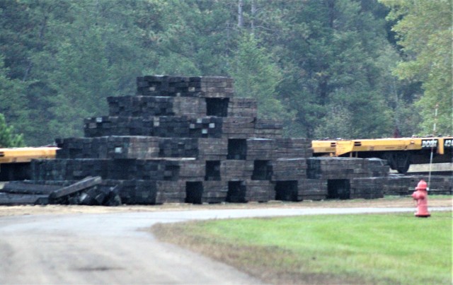 Railroad ties that once were part of the post rail system that are being recycled are shown Sept. 24, 2020, at Fort McCoy, Wis. Vendor Volkmann Railroad Builders Inc. of Menomonee Falls, Wis., is recycling approximately 400 tons of scrap iron...