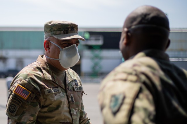 U.S. Army North Command Sgt. Maj. Alberto Delgado speaks with Soldiers from the 54th Quartermaster Company in Brooklyn, April 25, 2020., U.S. Northern Command, through U.S. Army North, is providing military support to the Federal Emergency...