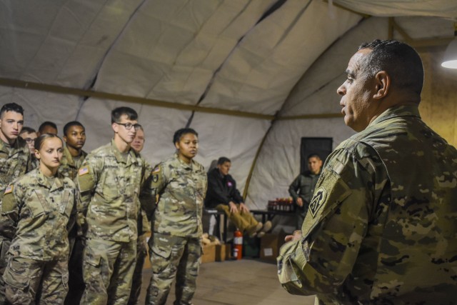 Command Sgt. Maj. Alberto Delgado, Senior Enlisted Leader of Army North, addresses Soldiers of the 550th Area Support Medical Company and 61st Preventative Medicine Detachment at a ceremony on Davis-Monthan Air Base, Ariz. January 30, 2019....