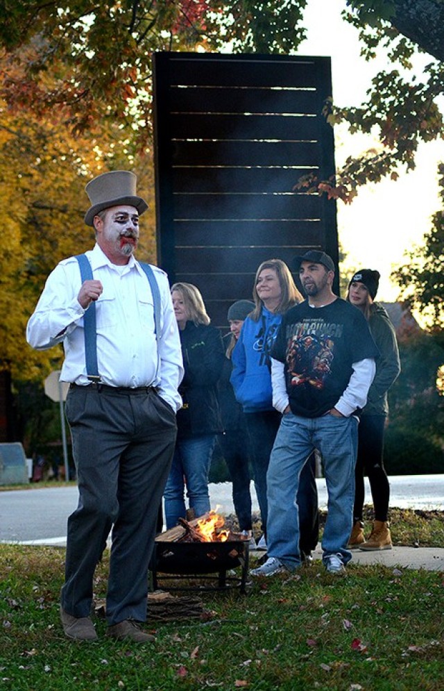 Retired Sgt. 1st Class Dwayne Colman, co-education chair on the Friends of the Frontier Army Museum board, shares tales of possible hauntings of the old junior high school building during the FFAM Haunted Fort Leavenworth Tour Oct. 25, 2019, off...