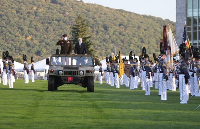 U.S. Ambassador Ryan C. Crocker received the West Point Association of Graduates 2020 Thayer Award Oct. 1 during ceremonies hosted by Superintendent Lt. Gen. Darryl A. Williams. Crocker troops the line with Williams during the Thayer Award Parade...