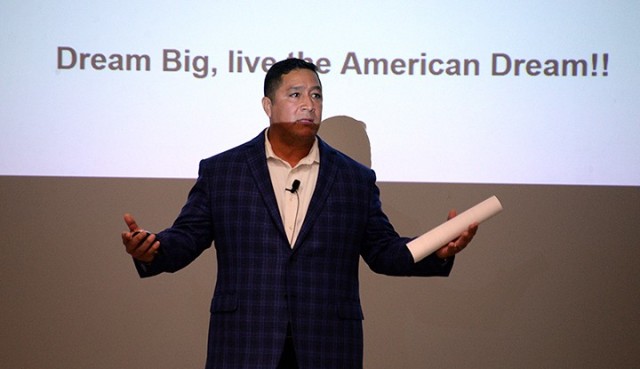 Guest speaker Frankz Jacobsen, Operation Desert Storm veteran and sales leader for State Farm Insurance, shares his American Dream-themed message during the National Hispanic Heritage Month observance event Oct. 6 in DePuy Auditorium. Photo by...