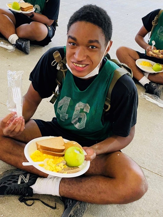 A trainee with 2nd Battalion, 39th Infantry Regiment sit down for breakfast. Basic Combat Training at Fort Jackson uses a program called Go for Green to help trainees to be the most efficient mentally and physically. The program encourages...