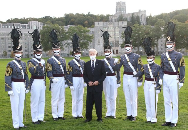 U.S. Ambassador Ryan C. Crocker gets with the Brigade Staff following the Thayer Award Parade to do a "Go Army, Beat Navy," video Oct. 1 on The Plain.