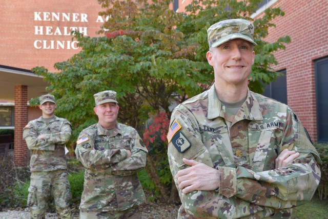 Kenner Army Health Clinic's Maj. Burke Lenz, chief of Kenner’s Family Advocacy Program, and two medics, Staff Sgt. Frank Romanowski and Spc. Thomas Sharpe, joined 86 Soldiers from across the Army consisting of doctors, behavioral providers, nurses, medics, lab techs, logisticians and others to form a coronavirus-related mission supporting United Memorial Medical Center, a private hospital in Houston, Texas. (Photo by Lesley Atkinson, Kenner Army Health Clinic, PAO)