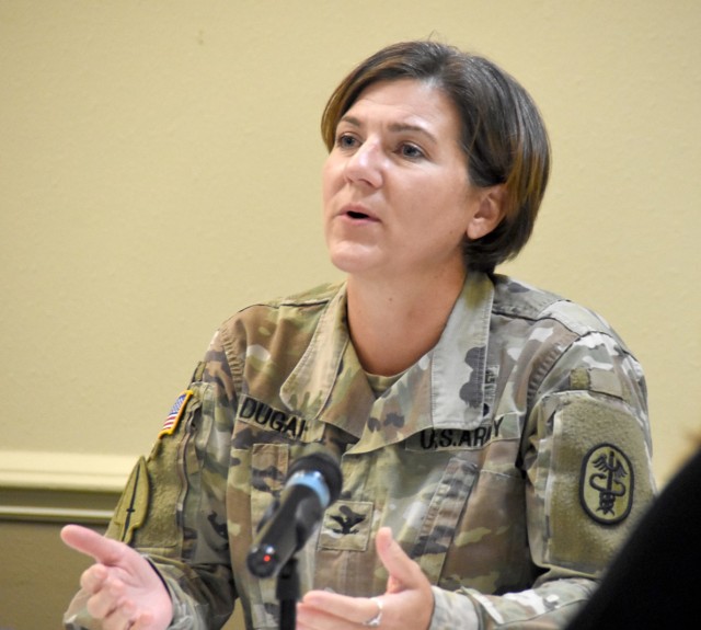 Col. Jody Dugai, commander, Bayne-Jones Army Community Hospital, addresses medical issues during an Army Family Action Plan topic discussion meeting at the Fort Polk Warrior Community Center Oct. 7. Dugai was joined by Brig. Gen. Patrick D. Frank, commander, Joint Readiness Training Center and Fort Polk, Col. Ryan K. Roseberry, Fort Polk garrison commander and subject matter experts from across the installation during the meeting which asked residents for recommendations to be brought to the Army’s AFAP Conference in November.