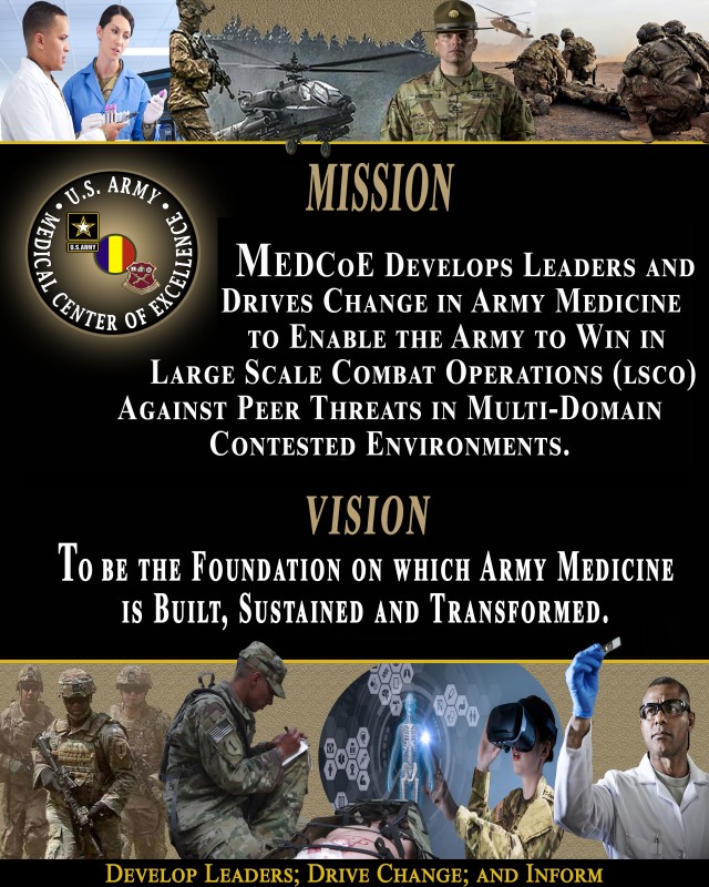 A posted created by MEDCoE Marketing Department illustrates the unit mission and vision statements.