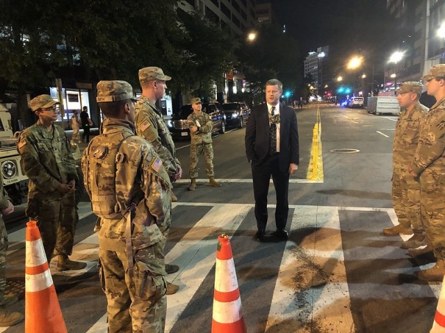Secretary of the Army Ryan D. McCarthy meets with Army National Guard Soldiers that were activated to protect citizens and infrastructure as people protested in Washington, D.C., June 6, 2020. 
