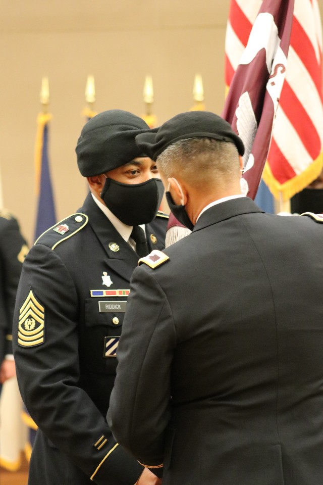 The 65th Medical Brigade and Medical Activity Command Korea (MEDDAC-K) bid farewell to its command sergeant major and welcomed the new top enlisted leader during a change of responsibility ceremony, Sept.  18, 2020, at the Humphreys Morning Calm...