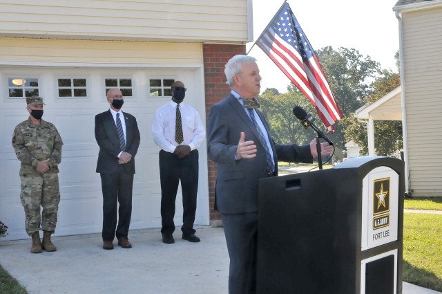 The Honorable James McPherson, Under Secretary of the Army, speaks to reporters and others at a press conference outside a recently-renovated residence in the Jackson Circle neighborhood of Fort lee Oct. 7. The Under Secretary highlighted Army...