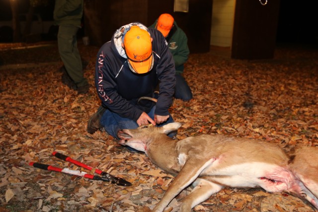 A hunter tags a deer following a special hunt in 2016 hosted by the Oologah Lake Project Office. The Tulsa District recommends hunters follow safety protocols and obey laws.