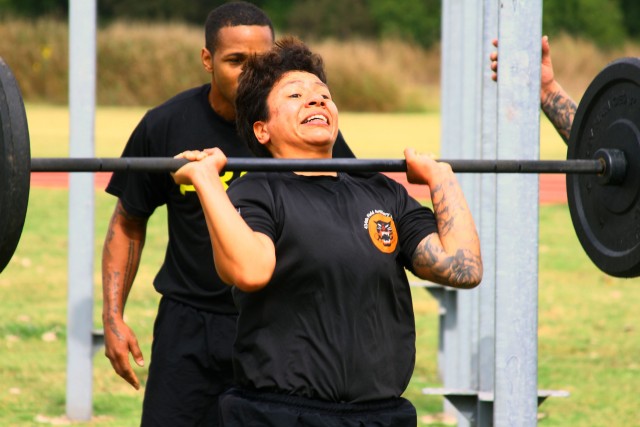 1st Lt. Tara Dalton lifts a barbell during the Iron Destroyer Games Oct. 9, 2020, at Hellcat Field. The competition began with a run, then went into a sequence of events similar to the Army Combat Fitness Test.

