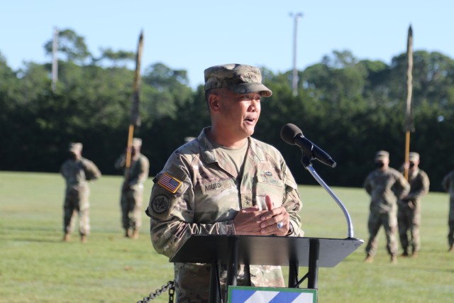 Maj. Gen. Antonio Aguto, commanding general of the 3rd Infantry Division, addresses the Soldiers during the 1st Armored Brigade Combat Team’s color casing ceremony at Cottrell Field in Fort Stewart, Georgia, Oct. 1, 2020. The 1st ABCT will replace the 2nd Brigade Combat Team, 1st Infantry Division, as part of a regular rotation of forces to support the United States’ commitment to Southeast Asia partners and allies. Aguto acknowledged the Soldiers of 1st ABCT, stating that they proved, even throughout a pandemic, just how diligent, resourceful, caring and driven the brigade was by taking care of Soldiers and Families while finding a way to get it done. (U.S. Army photo by Sgt. Reva Catholic)