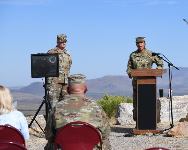 Lt. Col. Wendy L. Gray, Raymond W. Bliss Army Health Center Commander, welcomes everyone attending the Pregnancy and Infant Loss Awareness event on Reservoir Hill on Ft. Huachuca, Arizona. Gray talked about how RWBAHC started this event last year and how close to home the message is for so many in the RWBAHC family and others on post.