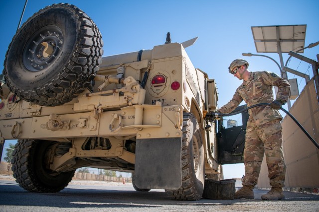 Sgt. Ronald Griswold an HHB, 75th FA Brigade Soldier fuels up his assigned High Mobility Multipurpose Wheeled Vehicle to ensure he’s ready for the austere environment.