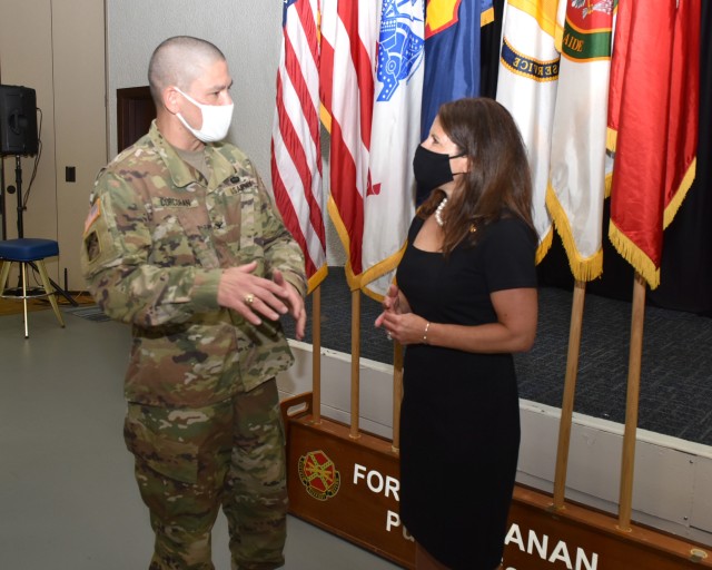 Michele Pearce, Principal Deputy General Counsel of the Department of the Army visited Fort Buchanan September 29, 2020 to serve as guest speaker for the National Hispanic Heritage Month observance, speaks with Fort Buchanan Garrison Commander Col. Joseph B. Corcoran III. The event was hosted by the 1st Mission Support Command, US Army Reserve and held at the Fort Buchanan Community Club and Conference Center.