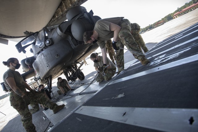 U.S. Airmen assigned to the 621st Mobility Support Operations Squadron, demonstrate how to load an AH-64 Apache helicopter onto a C-17 Globemaster aircraft to the Soldiers of the 3rd Combat Aviation Brigade, 3rd Infantry Division, while conducting joint air load training, Oct. 7, Hunter Army Airfield, Georgia. This training is vital to ensuring the joint forces are ready to safely and efficiently load equipment onto Air Mobility Command aircraft, ensuring rapid global mobility and combat power projection. (U.S. Army photo by Sgt. Andrew McNeil 3rd Combat Aviation Brigade, 3rd Infantry Division)
