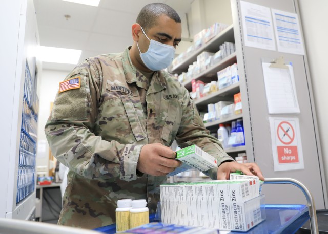 U.S. Army Spc. Richard Martinez, pharmacy technician, Support Pharmacy, Landstuhl Regional Medical Center, sorts and stocks pharmaceutical products as part of regular operations at LRMC’s Pharmacy, Oct. 9. Pharmacy Week, celebrated the third full week in October, acknowledges pharmacy contributions to patient care in hospitals, outpatient clinics, and other healthcare settings.