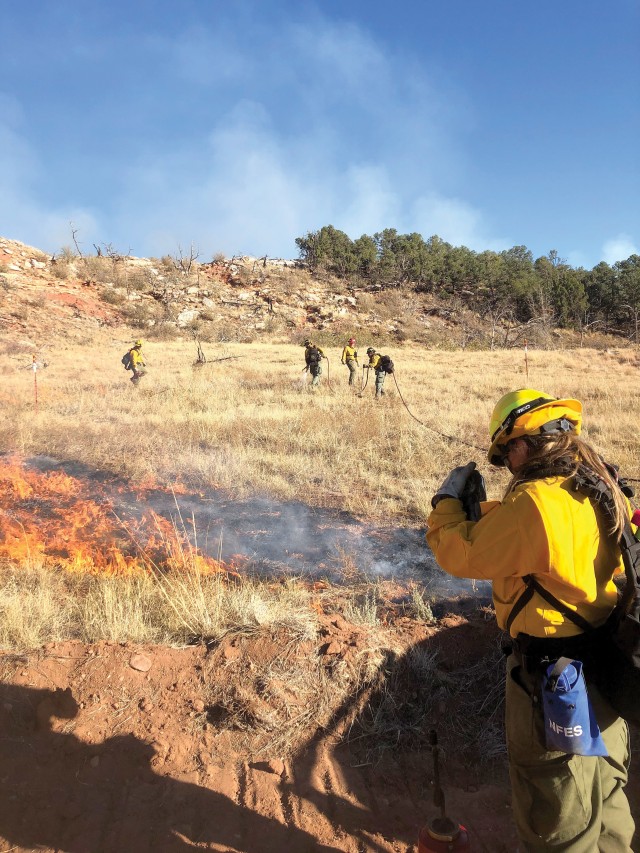 FORT CARSON, Colo. — Fort Carson firefighters work to contain the Wild Horse Fire as wind gusts amplify the wildfire Oct. 12, 2020. causing it to spread. The fire began off post and jumped on post burning about 670 acres in areas the Army uses...