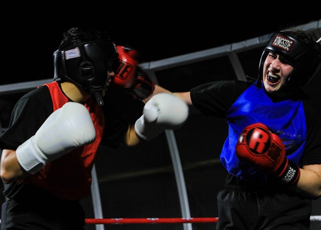 Class of 2021 Cadet Sidney Sandburg fought to a victory against Class of 2023 Cadet Ruby Romsland in a fast-paced bout during the annual Army Boxing Rumble exhibition event at West Point Friday. Eighteen competitors fought in weight classes ranging from super featherweight (132 pounds) to heavyweight (over 201 pounds).