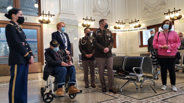 Recruiters with the Seattle Army Recruiting Battalion listen as Marybeth Reed, Reed&#39;s daughter, thanks the battalion, Amtrak and other organizations for helping make her father&#39;s wish come true, and making his one-day round trip to Seattle, Oct. 15, 2020, a memorable one.