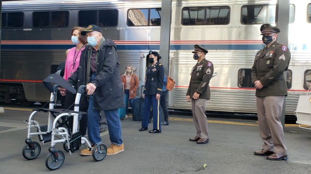 Army veteran, Cpl. James Edward Reed walks toward the King Street after disembarking the Empire Builder (Amtrak) train, Oct. 15, 2020. Reed&#39;s daughter, Marybeth, who accompanied him, sent a request to accommodate Reed&#39;s wish to  visit The Plains, Cascades, Rockies and Pacific Northwest, aboard the train.