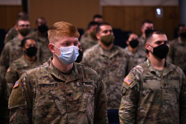 U.S. Army Spc. Robert Gardner III, assigned to 2nd Cavalry Regiment, graduates from the 7th Army Training Command Non-Commissioned Officer Academy’s Basic Leadership Course at Rose Barracks Theater in Vilseck, Germany Oct.9, 2020. Due to...
