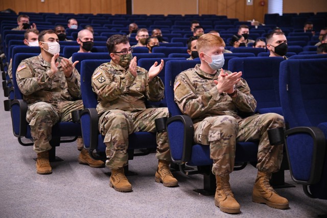 U.S. Soldiers graduated from the 7th Army Training Command NCO Academy Basic Leadership Course at the Rose Barracks Theater, Vilseck, Germany, October 9, 2020. Due to COVID-19 restrictions, the course and the Graduation was conducted both in person and virtually, with the majority of the class participating virtually.  (U.S. Army photo by Kevin Sterling Payne)