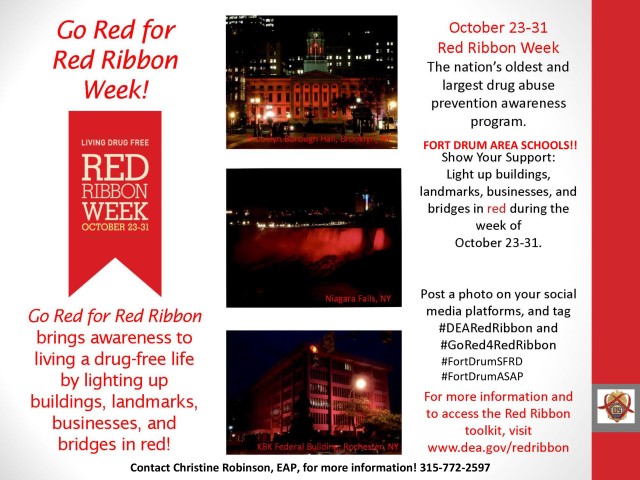 The Fort Drum Soldier and Family Readiness Division’s Employee Assistance Program (EAP) is supporting Red Ribbon Week, Oct. 23-31, by raising awareness about the annual substance abuse prevention campaign. (Fort Drum EAP Graphic)