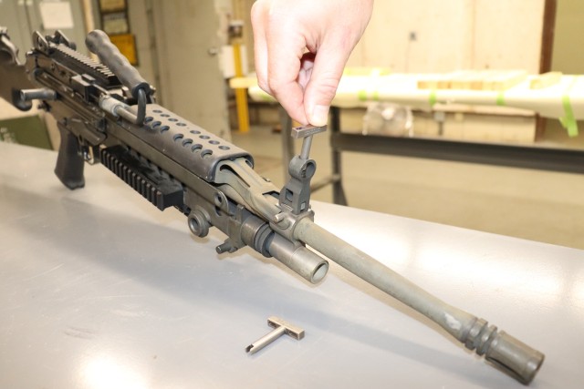 An M249 sight adjustment tool is used on the front sights of an M240 machine gun. The tool was produced via additive manufacturing at the Center of Excellence for Advanced and Additive Manufacturing at Rock Island Arsenal – Joint Manufacturing Center of Technologies. 