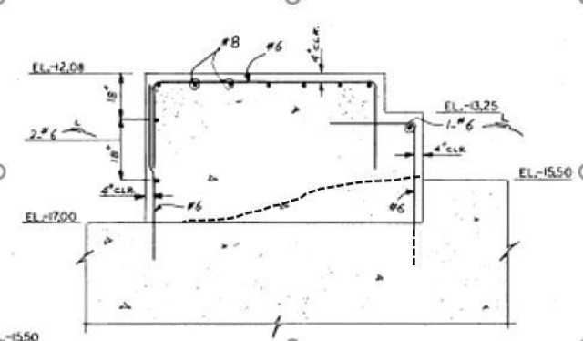 A dashed line indicates that the concrete for the navigation lock floor was poured at an incline instead of at a 90-degree angle. Engineers believe this incline was directly linked to the failure of the concrete sill, which sits on the navigation...