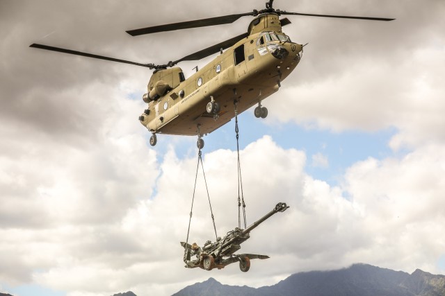 SCHOFIELD BARRACKS, Hawaii - A 25th Infantry Division CH-47 Chinook carries a sling load with a M777 Howitzer in preparation for a capabilities demonstration for Lt. Gen. S K Saini, Vice Chief of the Army Staff of the Indian Army on Schofield Barracks East Range, Hawaii, on Oct. 19, 2020.
This visit will enhance the operational and strategic level collaboration between the two armies and builds towards a free and open USINDOPACOM